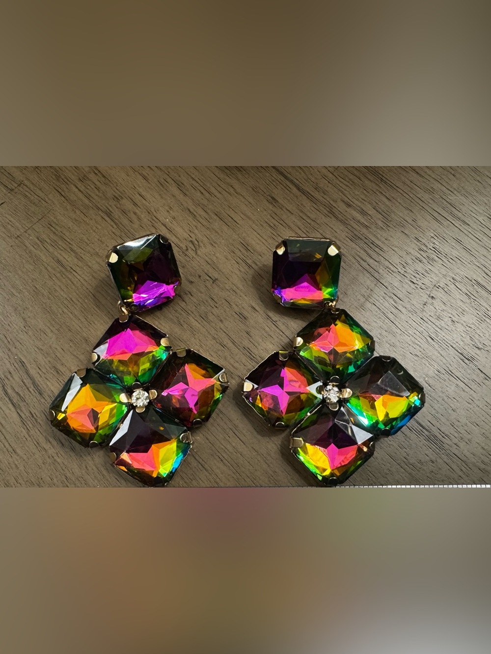 Oversized rainbow aurora Faux Crystal Statement Earrings |Gold-tone|Runway| Glam